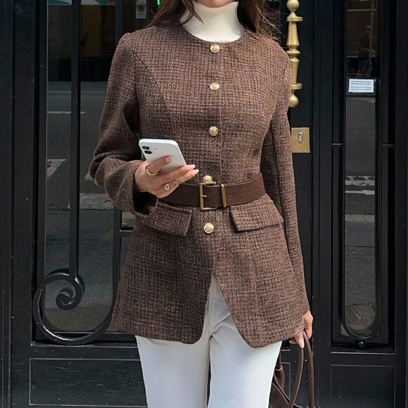 Khaki Elegant Women's Round Neck Fitted Plaid Tweed Blazer - Picture 3 of 8